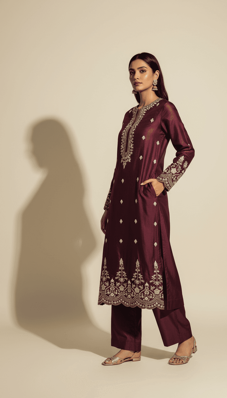 Woman wearing embroidered burgundy kameez