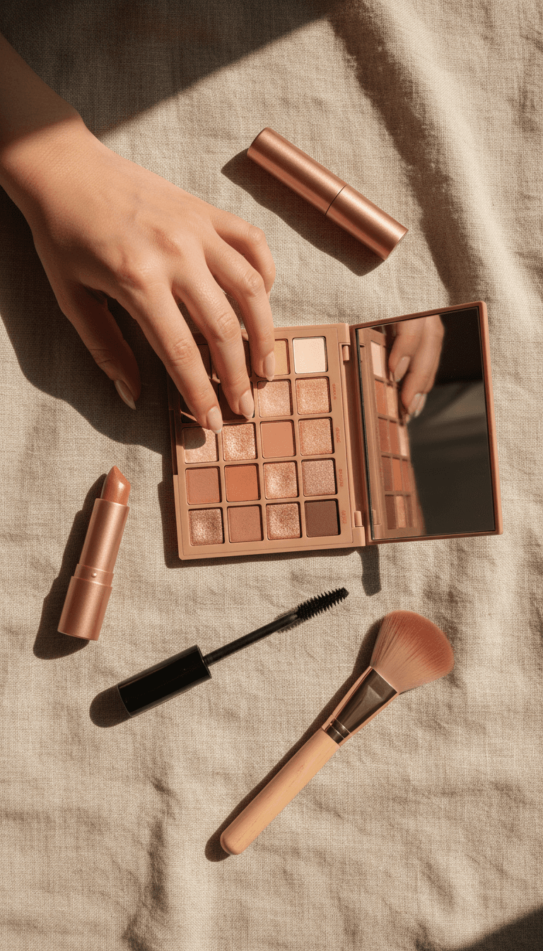 Cosmetics and makeup products arranged on linen