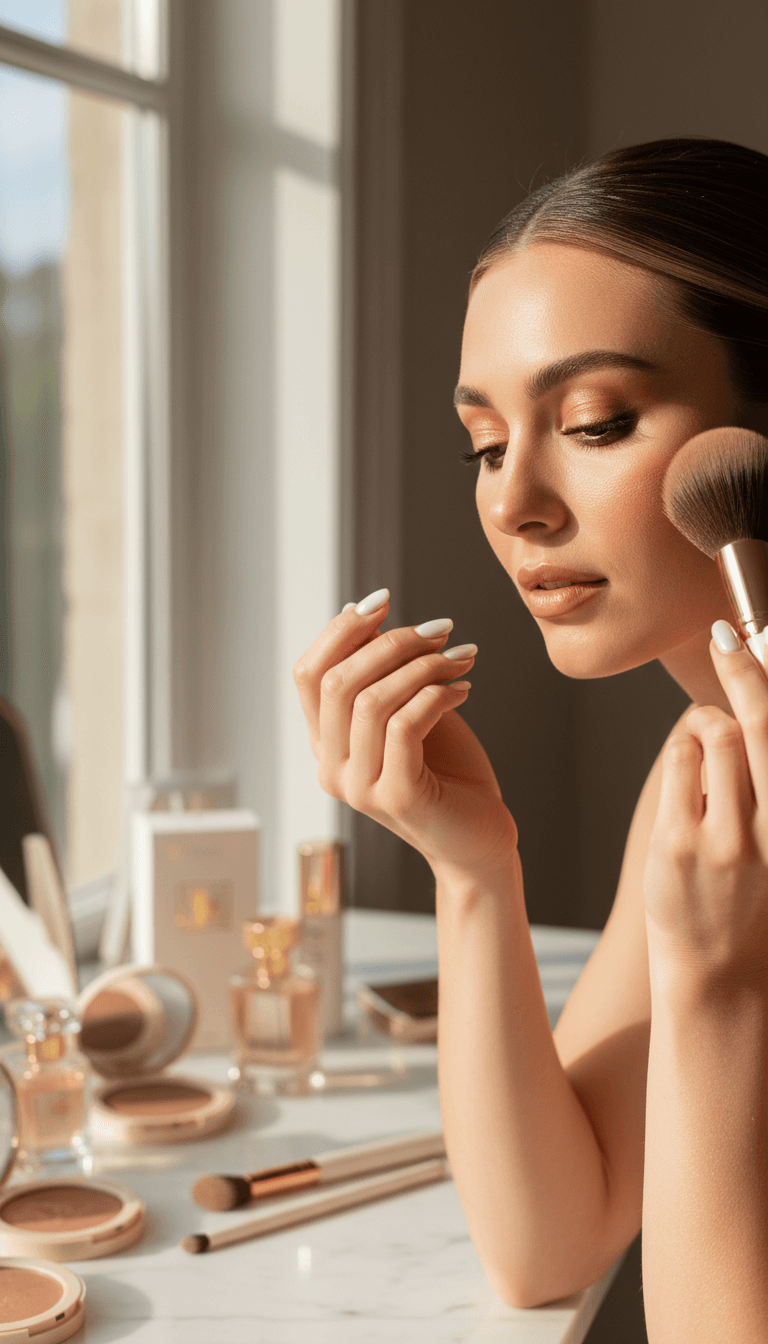 Woman applying bronzer with makeup brush