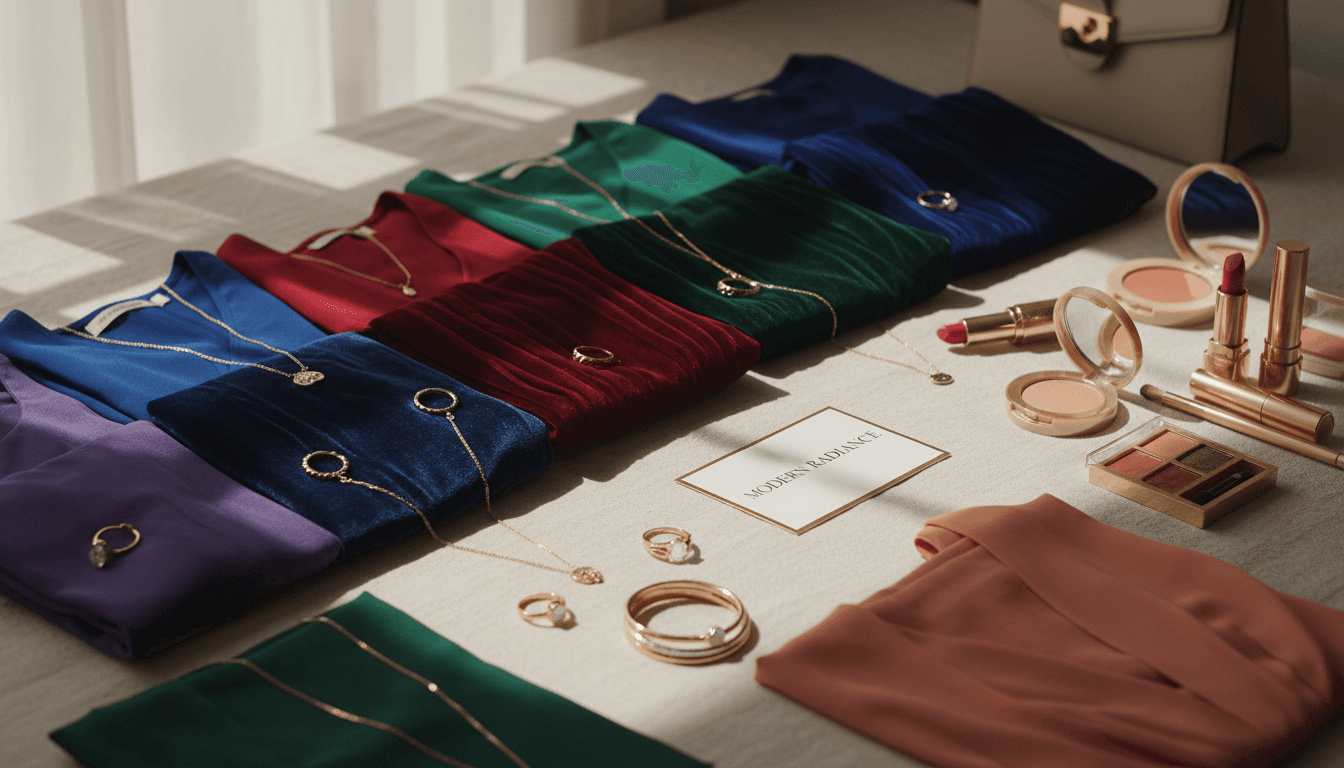 Curated fashion collection featuring ladies' clothing, jewelry, and makeup arranged on a neutral surface with natural lighting