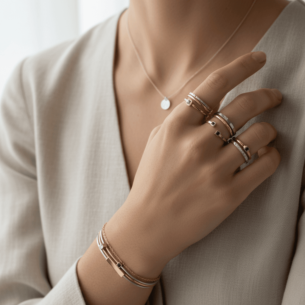 Collection of women's jewelry in gold, silver, and rose gold