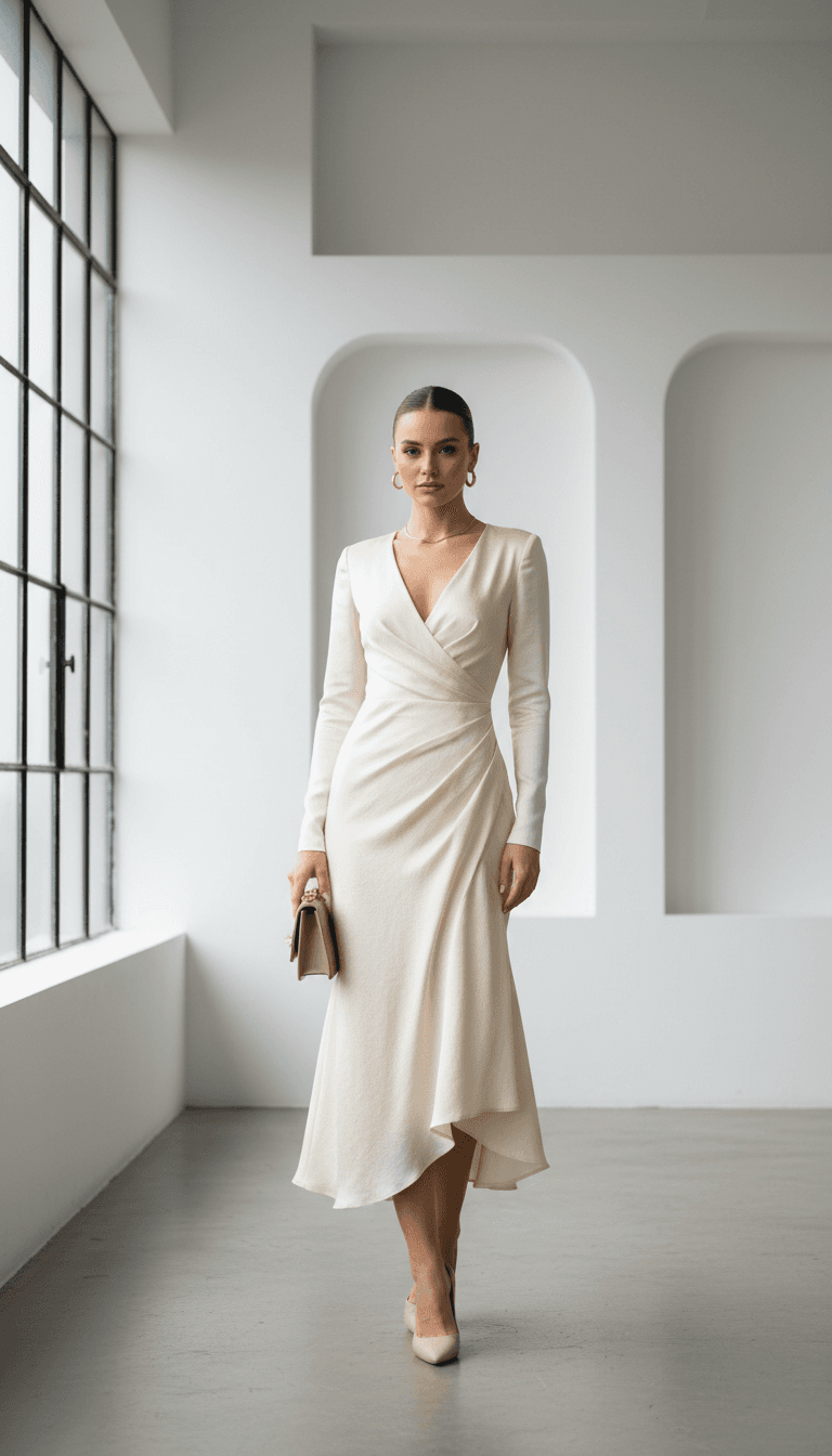 Woman in formal wear posed against dramatic studio backdrop
