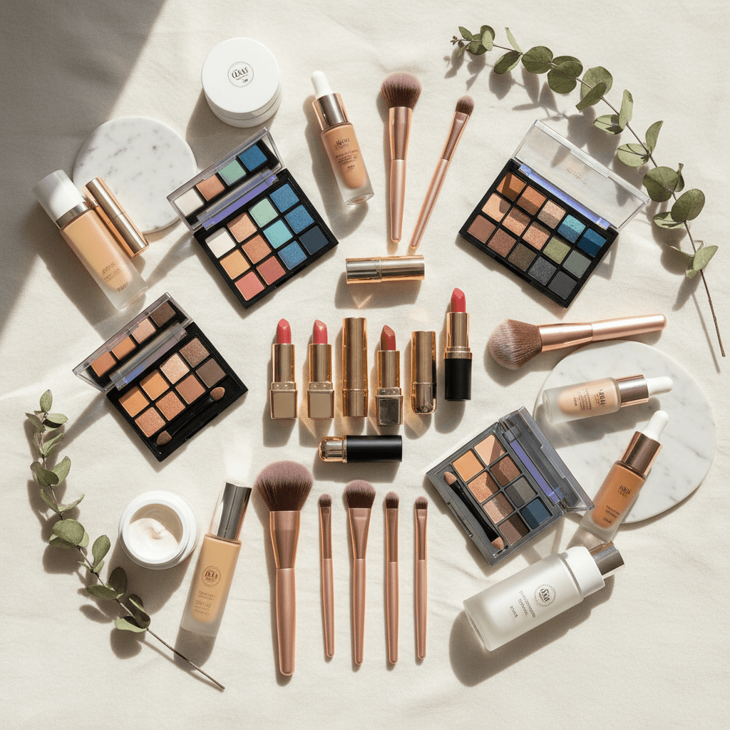 Variety of makeup products including lipstick, eyeshadow, and brushes