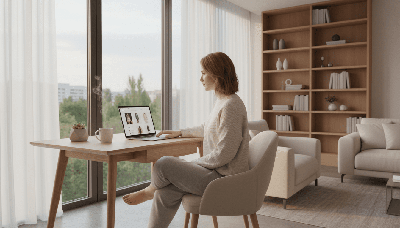 Woman smiling while shopping on AB MART online from her laptop