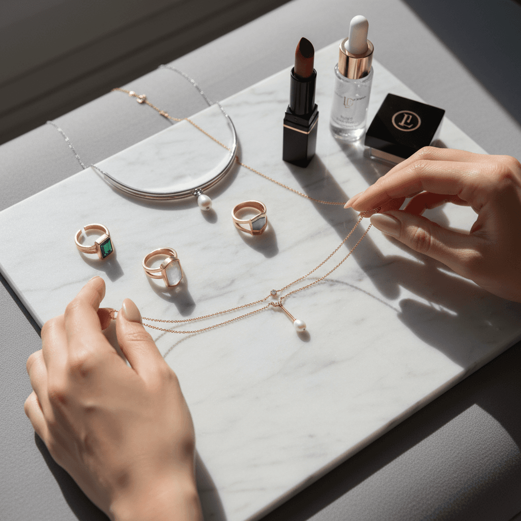 Styled flat lay of ladies' clothing, jewelry, and makeup products