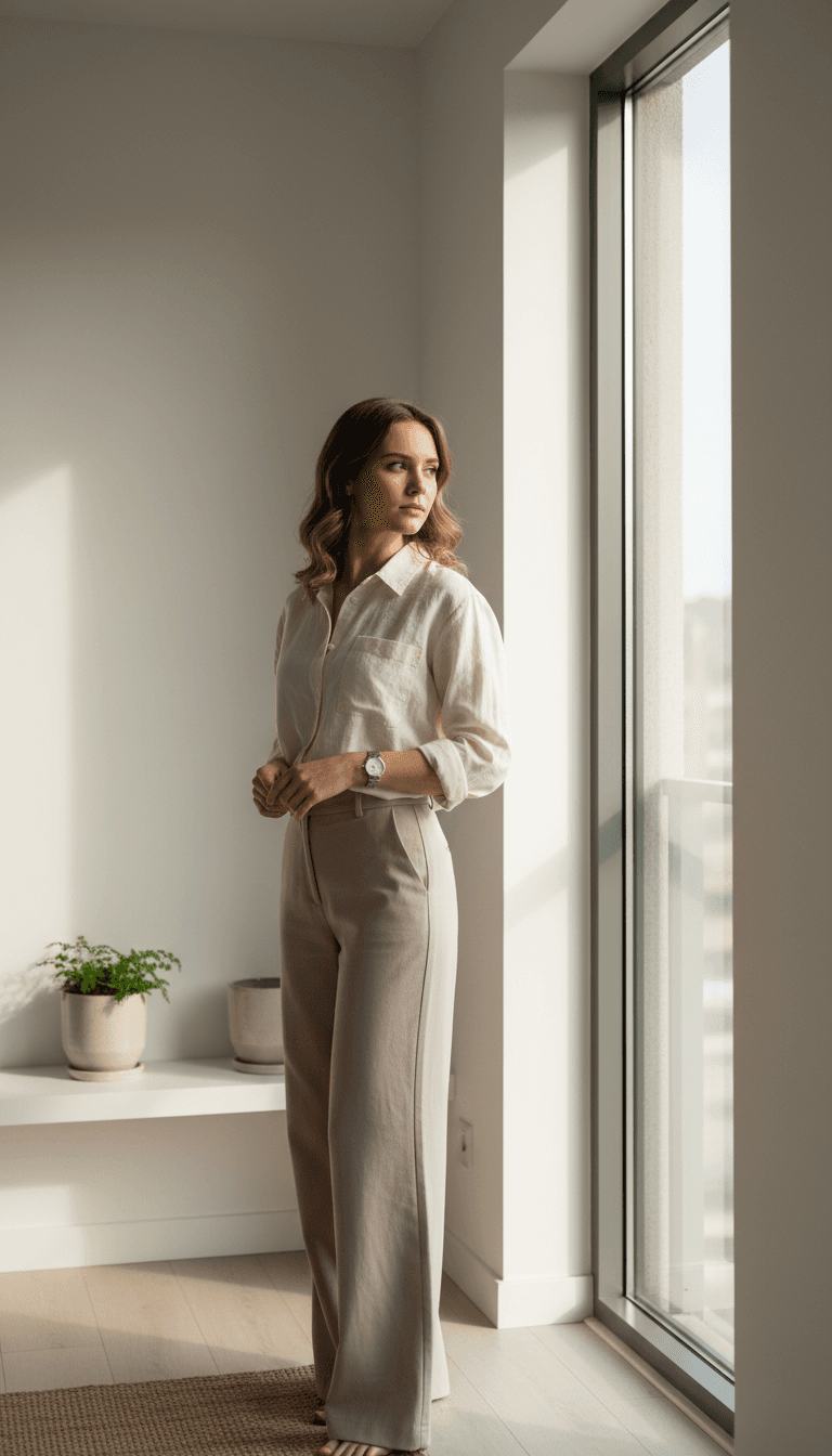 Woman modeling casual ladies' clothing in natural daylight