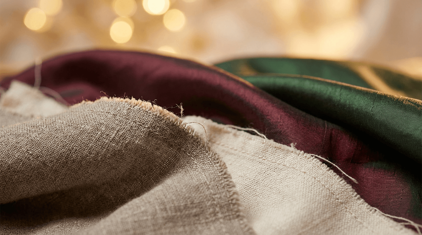 Hands holding folded premium fabrics in jewel tones for ladies' clothing