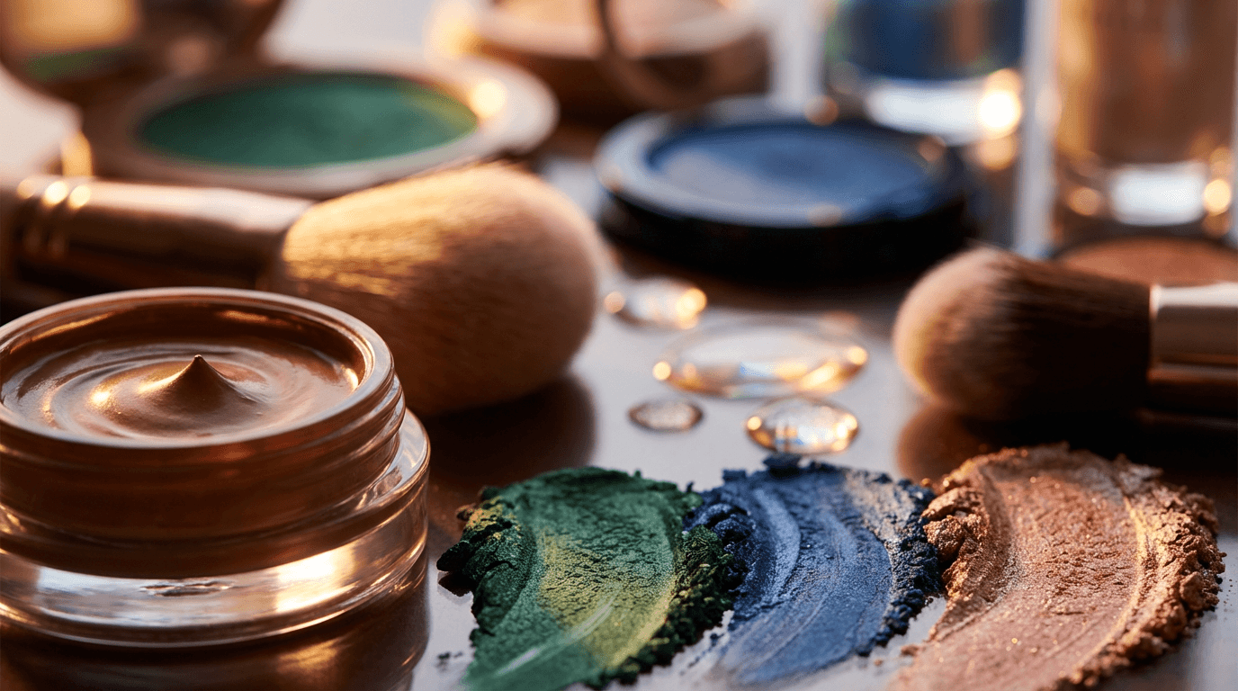 Luxury makeup products arranged with warm accent lighting
